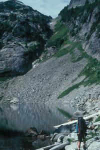 Upper Thornton lake, talus and gully to camp