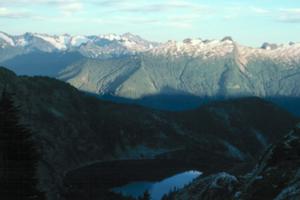 North Cascades from ridge above camp, at sunset